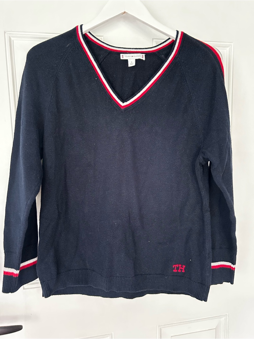 Tommy Hilfiger Navy V-Neck Sweater with Red & White Trim